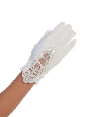 White or Ivory Matte Satin Glove with Beautiful Lace and Bead Detailing Color